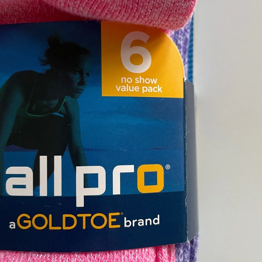 GOLDTOE All Pro Socks No Show 6 Pair Pack AquaFX Athletic Athleisure Pink Blue